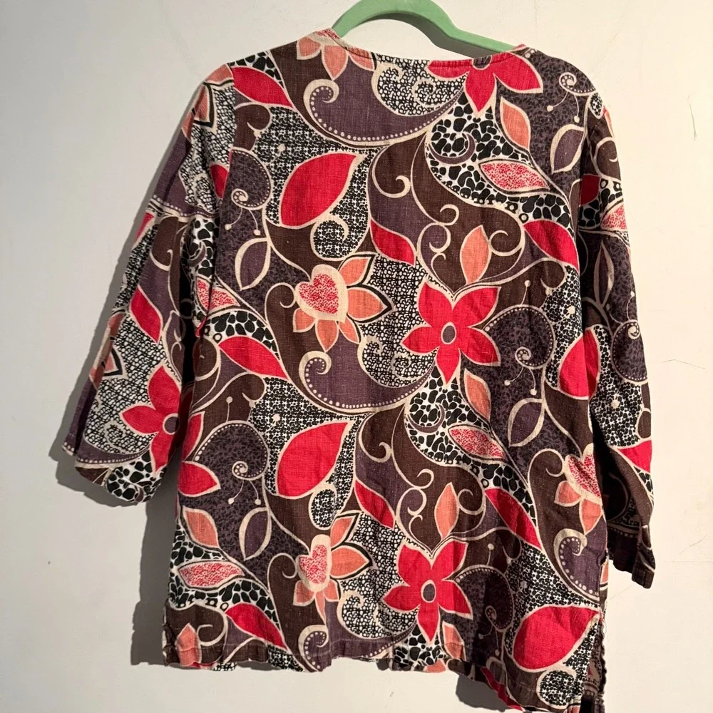 Hot Cotton Medium Linen Blouse Floral‎ Print Boho Artsy Retro Resort - Picture 4 of 4